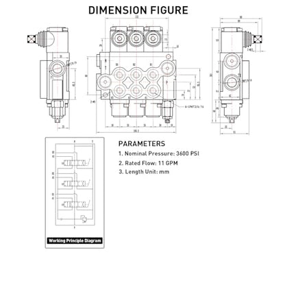 Hydraulic Tractor Loader Control Valve 3 spool, 11GPM SAE Ports Double Acting Hydraulic Directional Flow Control Valve w/Joystick for Log Splitters, Tractors Loaders - size: 11GPM 3 Spool 3 Joysticks