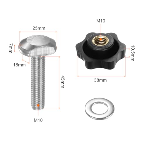 HARFINGTON 5Set T Track Bolts Knob Kit M10 x 45mm Threaded Bolts M10 x 38mm Hex Hand Nut Clamping Knob with Washer for Woodworking Jigs and Fixtures, Black - color: Black, size: M10 x 45mm/M10 x 38mm