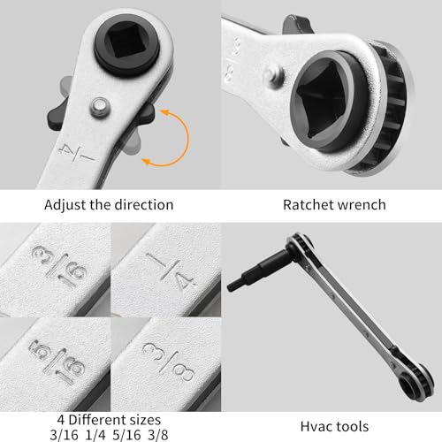 Service Wrench HVAC,3/16"-3/8" 5/16" x 1/4"Valve Wrench with Hex Adapter - style: 1 Flat Wrench + 2 Hexagon Bit