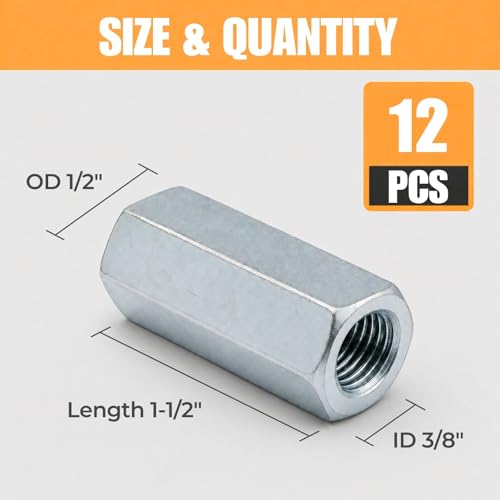 3/8-16 Hex Coupling Nut, Pack of 12 Zinc-Plated Carbon Steel Rod Coupler Extension Joiner - color: Silver, size: 3/8-16 x 1-3/4"