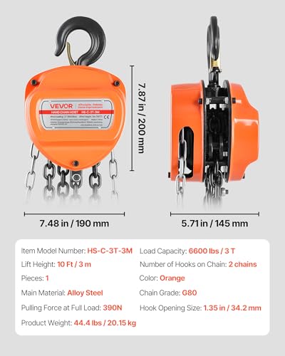 VEVOR Hand Chain Hoist, 3 Ton 6600 lbs Capacity, Manual Chain Block with Upgrade G80 Galvanized Chain, 10 ft Lifting Height, Heavy Duty Pulley Hoist for Garage Warehouse Automotive Machinery, Orange - size: 3T 10FT