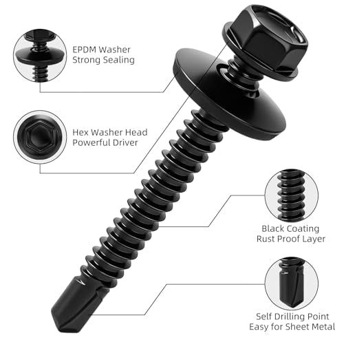 180 PCS #10 x 1 Black Self Drilling Metal Roofing Screws, Hex Head Self Tapping Sheet Metal Roof Screw with Rubber Washer for Wooden Siding - size: #10 x 1"