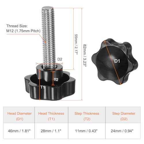 HARFINGTON 4pcs Star Knobs M12 x 55mm 304 Stainless Steel Threaded Stud 46mm Plastic 6-Star Head Hand Tightening Thumb Screw Clamping Jig Knob Handle, Black - size: M12 x 55mm x 46mm