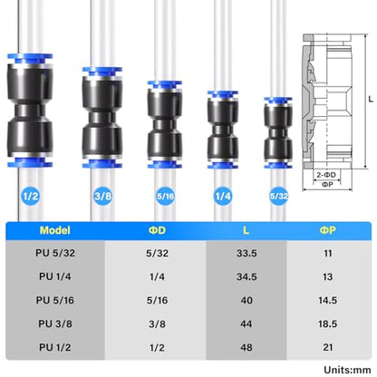 TAILONZ PNEUMATIC 50 pcs Straight Push Connectors Plastic Quick Release Connectors Air Line Fittings for 5/32 1/4 5/16 3/8 1/2Tube (2 Way) - size: 5/32''OD/1/4''OD/5/16''OD/3/8''OD/1/2''OD
