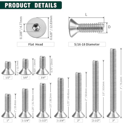 5/16-18 x 2-1/2" Flat Countersunk Head Socket Cap Screws, Full Machine Thread Coverage, Allen Hex Drive, 304 Stainless Steel 18-8 SS, 10 PCS - size: 5/16-18 x 2-1/2"