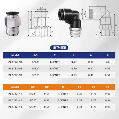 1/4 Push to Connect Fittings npt Thread to 5/32 Air Line quick - size: 5/32"OD x 1/4"NPT