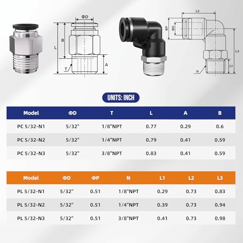 1/4 Push to Connect Fittings npt Thread to 5/32 Air Line quick - size: 5/32"OD x 1/4"NPT
