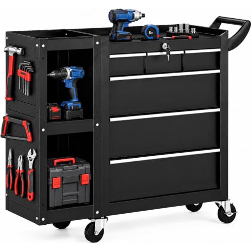 Tool Chest 6-Drawer, Heavy Duty Rolling Tool Chest with Stainless Steel Countertop/Side Drawer, Tool Cabinet with Lockable Drawers & 360° Wheels for Garage Storage, Workshop, Black - color: Black, size: 6-Drawers