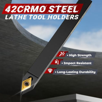 Indexable Lathe Turning Tool 21Pcs Kit 3/8'' 10mm Shank 7Pcs Metal Lathe Tools Holder Set with 14Pcs Turning Inserts for Turning Grooving Threading Boring Carbide Inserts Carbide Turning Tool - style: 7pcs 3/8'' 10mm Shanks+14pcs Inserts