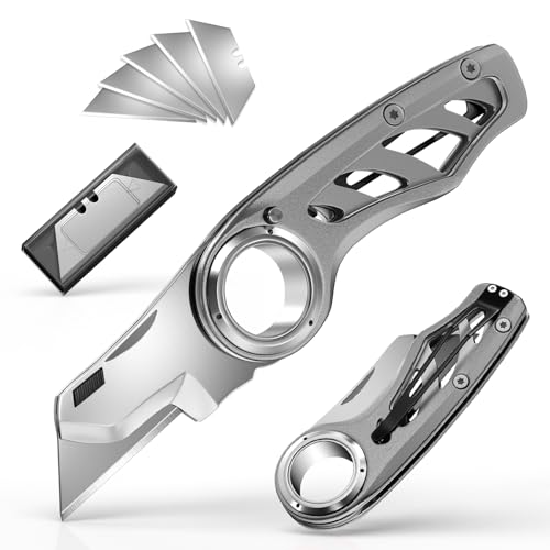 Folding Utility Knife Pocket Knife, Heavy-Duty Box Cutter with Anti Slip Finger Loop, Quick Change Blade Razor Knife, Box Cutters for Home, Office, Warehouse, Durable Razor Knife, Box Knife (Grey) - color: Grey