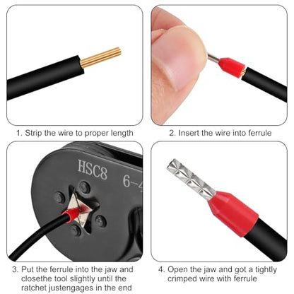 Ferrule Crimping Tool Kit, Crimper Plier with 400PCS Wire Ferrules Kit Wire End Terminals, Self-adjustable Ratchet Tool Set for AWG 23-7 Cable connectors, 0.25-10mm² (HSC8 6-4A + 400) - color: Hsc8 6-4a + 400