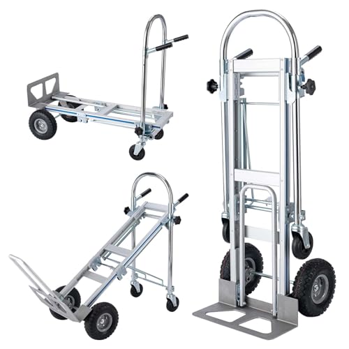 LEADALLWAY 3-in-1 Aluminum Convertible Hand Truck, Heavy Duty Folding Dolly Cart Pneumatic & Solid Wheels for Moving, Warehouse, Delivery, Home Use,770lbs Capacity