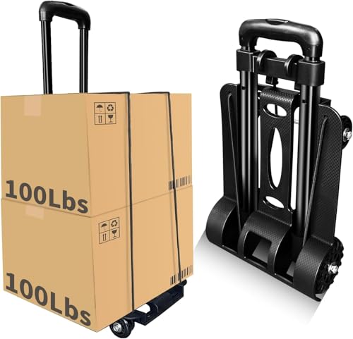 Folding Hand Truck-200 Lbs Trolley Utility Cart, Portable 4-Wheels Lightweight Utility Cart,90KG Heavy Duty Luggage Cart for Moving Airport Travel Shopping and Office Use - size: 4 rounds