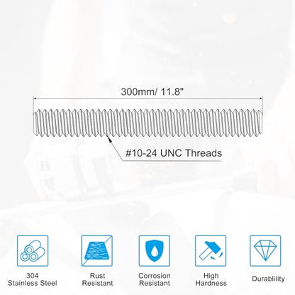 PATIKIL #10-24 UNC 304 Stainless Steel Fully Threaded Rod, 11.8" Length Long Threaded Screw Right Hand Threads All Threaded Rod Studs for Anchoring Bolt, Clamps, Hangers and U-Bolts - size: #10-24 UNC x 11.8"