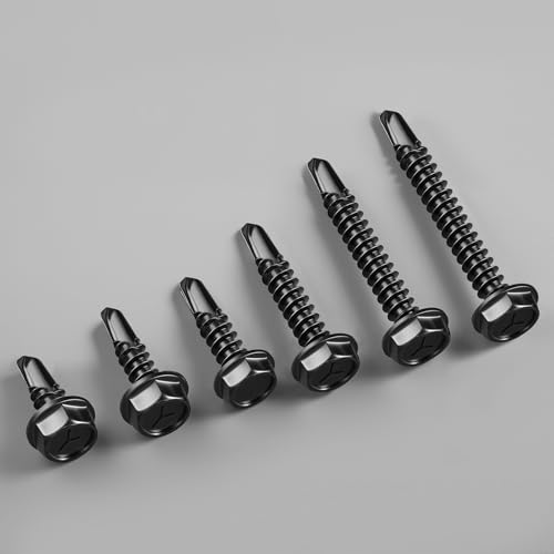 #8 x 1-1/2 Inch Self Drilling Screws, (55pcs) 0.5 lbs Black Self Tapping Screws for Metal, 410 Stainless Steel Hex Washer Head Sheet Metal Screw - color: Black 0.5lb Per Box, size: #8x1-1/2"
