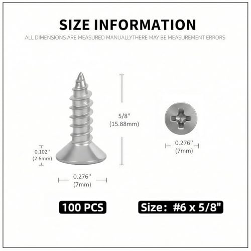 #6 x 5/8 [100 Pack] Flat Head Phillips Drive Self Tapping Screws, Sheet Metal Screws, 304 Stainless Steel (18-8), Corrosion Resistant Screws for Wood, Sheet Metal and More - size: #6 x 5/8