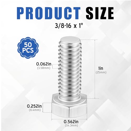 Zonon 50 Pcs 3/8-16 x 1 Hex Head Screw Bolt, Silver - color: Silver, size: 3/8-16 X 1"