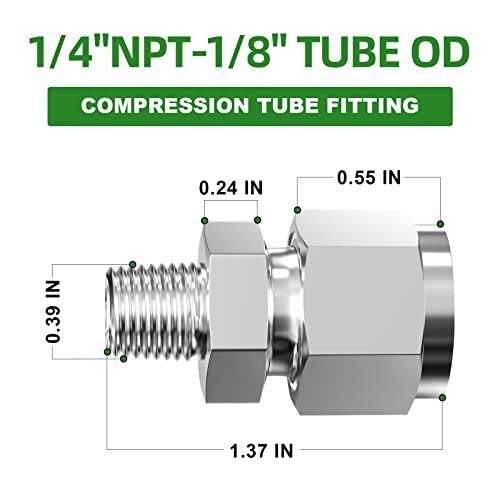 TAISHER 2PCS 304 Stainless Steel Compression Tube Pipe Fitting Connector, 1/4" Tube OD x 1/8" NPT Male Straight Adapter - size: 1/4" OD x 1/8" MNPT