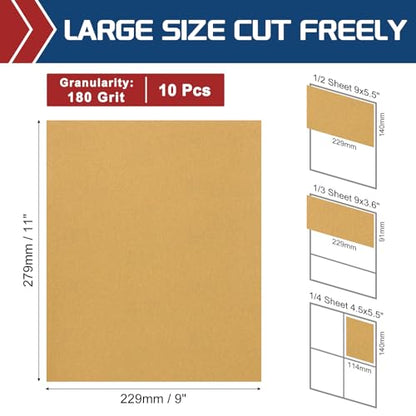 10Pcs Sand Paper 9x11Inch 180Grit Aluminum Oxide Sandpaper Sheets - size: 9 x 11 Inch x 180 Grits