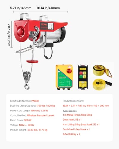 VEVOR Electric Hoist, 1760 lbs 120V Electric Winch with 328 ft Wireless Remote Control, 40 ft Single Cable Lifting Height, Single/Double Slings, Emergency Stop, Lift Hoist for Garage Warehouse Factory - size: 1760LBS Wireless