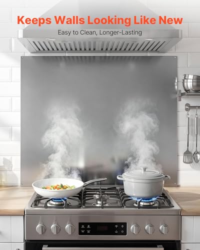 VEVOR 36" x 30" Stainless Steel Backsplash for Stove, Ultra Flat Splatter Guard, Wall Shield Range Hood Backsplash, Easy Clean Kitchen Wall Metal Panel, Pre-Drilled Holes for Easy Installation, Silver - size: 36x30in