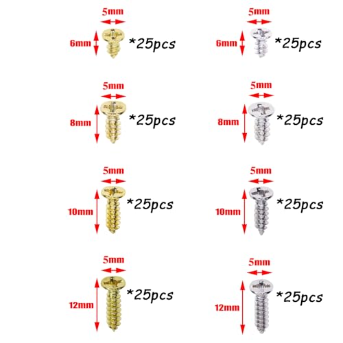 Mini Skater 200PCS Small Flat Head Cross Wood Screws Assortment Kit Carbon Steel Self Tapping Screws, Gold and Silver