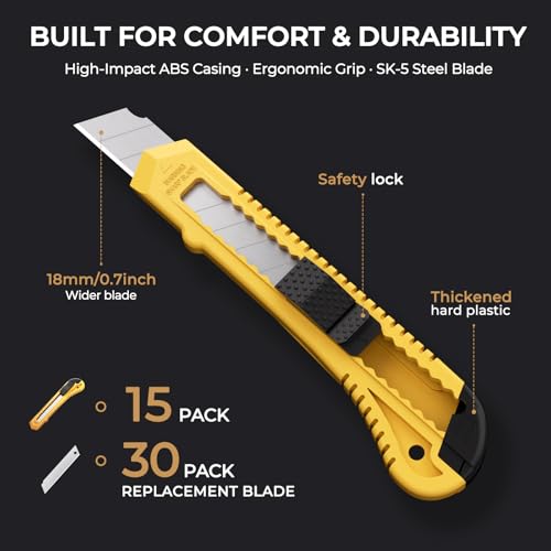 Nicpro 15 Pack Utility Knives with 30 PCS Extra Blades, Plastic Box Cutters - style: 15 Pack（18 mm）