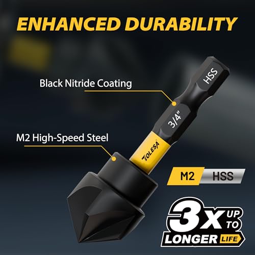 TOLESA 5PCS Countersink Drill Bit Set with 82 Degree 5 Flutes Design, Nitride Coating HSS 1/4" Hex Shank Counter Sink Drill Bit for Wood, Metal, Plastic in Size 1/4” 3/8” 1/2” 5/8” 3/4”