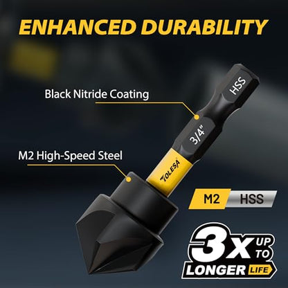 TOLESA 5PCS Countersink Drill Bit Set with 82 Degree 5 Flutes Design, Nitride Coating HSS 1/4" Hex Shank Counter Sink Drill Bit for Wood, Metal, Plastic in Size 1/4” 3/8” 1/2” 5/8” 3/4”