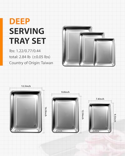 304 Stainless Steel Baking Pans Set, 2 Inch Deep Oven Pan, 16/12/9"