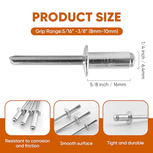 ALLCLEAN 75 Pcs 1/4" x 5/8" Aluminum Blind Rivets,6.4 x 16mm Pop Rivets,Aluminum Grip and Steel Mandrel - color: Aluminum, size: 1/4" x 5/8"
