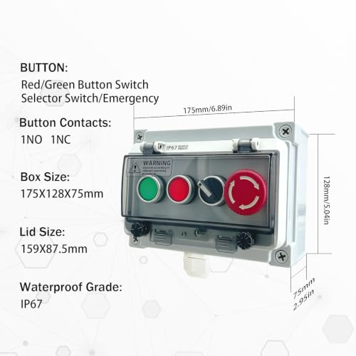 Waterproof Push Button Switch Box, IP67 Rated, Outdoor Industrial Start/Stop Control Box with Protective Cover (Green/Red/2-position knob/Emergency Stop) - color: Green/Red/2-position knob /Emergency Stop