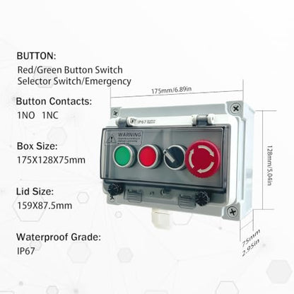 Waterproof Push Button Switch Box, IP67 Rated, Outdoor Industrial Start/Stop Control Box with Protective Cover (Green/Red/2-position knob/Emergency Stop) - color: Green/Red/2-position knob /Emergency Stop