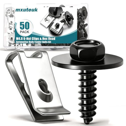 mxuteuk 50PCS M4.8 U-Nut Clips & Hex Head Automotive Body Fender Bolts Kit,for Most Cars Fender,Engine Undertray Cover, Engine Cover & Bumper Fender Liner - color: M4.8 Kit
