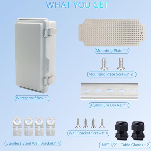 IP67 Waterproof Junction Box, ABS Plastic Electrical Enclosure with Stainless Steel Latch, Hinged Cover Electric Box with Mounting Plate, Wall Brackets & Cable Glands 200x100x70mm - color: Grey, size: 7.9"x3.9"x2.8"
