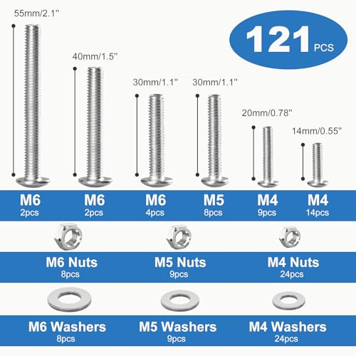 121PCS Nuts and Bolts Assortment Kit, M4 M5 M6 Phillips Head Machine Screws Assorted Set with Storage Case, Small Metric Bolts Nuts and Flat Washers Kit - color: Silver, size: 121PCS-M4 M5 M6