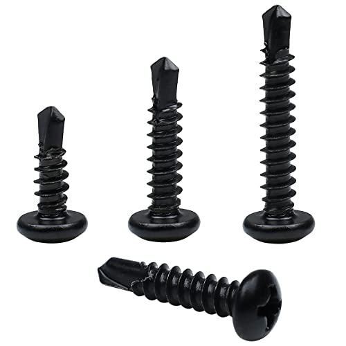 410 Stainless Steel #8 Self Drilling TEK Screw Assortment Kit, Pan Head Self Tapping Sheet Metal Screws, Length 1/2" 3/4" 1" 150 PCS - Black Oxide - size: #8 Pan Head