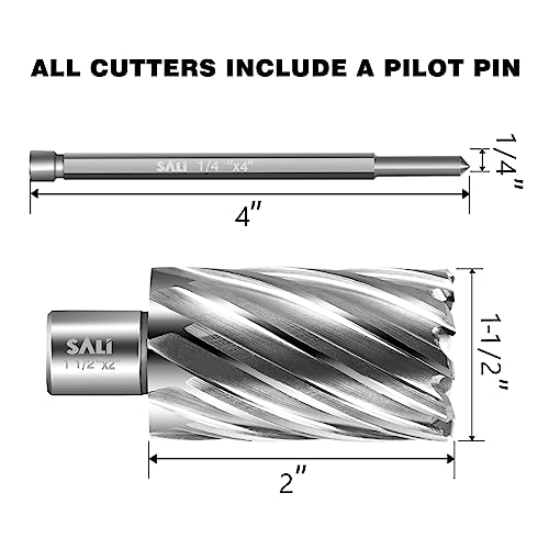 SALI Annular Cutter Diameter 1-1/2 Inch with Weldon Shank 3/4" (with 2 Flats) Cutting Depth 2" Mag Drill Bit for Magnetic Drill Press HSS Fully Ground Drill with One 1/4"*4" Pilot Pin - size: 1-1/2"*2"