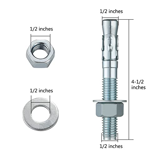Wensilon 1/2x4-1/2" 10Pcs Inch Standard Fasteners for Heavy-Duty Zinc Wedge Anchors for Cement and Concrete - size: 1/2x4-1/2"