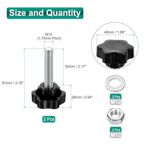 uxcell 2pcs Star Clamping Knobs with Nuts Washers, M12 x 55mm Metric Zinc Plated Carbon Steel Male Thread 48mm 6-Star Plastic Head, Threaded Stud Hand Knobs Handles Thumb Screws, Black - size: M12 x 55mm