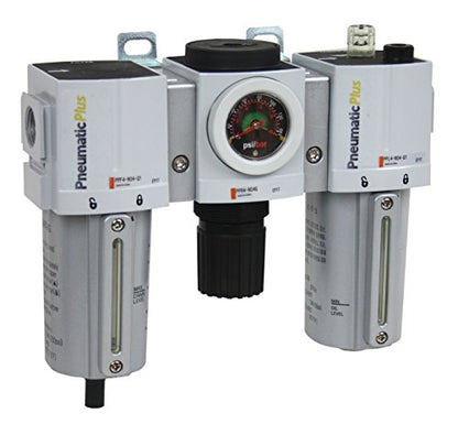 PneumaticPlus PPC4-N06G-Q1 Compressed Air Filter Regulator Lubricator Combo 3/4" NPT, 5 Micron, Metal Bowl, Manual Drain, Embedded Gauge (0-140 PSI)
