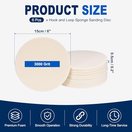 6Pcs 6 Inch Hook and Loop Sponge Sanding Disc, 3000 Grit - size: 6 Inch 3000 Grit