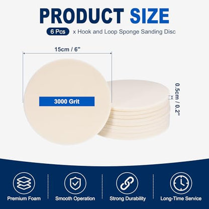 6Pcs 6 Inch Hook and Loop Sponge Sanding Disc, 3000 Grit - size: 6 Inch 3000 Grit