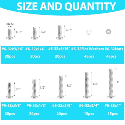 240 Pieces #6-32 Phillips Pan Head Machine Screws Nuts Washers Assortment Kit, Coarse Thread, Fully Machine Threaded, 304 Stainless Steel - size: #6-32