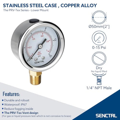 SENCTRL 0-15 Psi Low Pressure Gauge, 1/4 NPT Lower Mount - size: 0-15Psi, style: Lower Mount