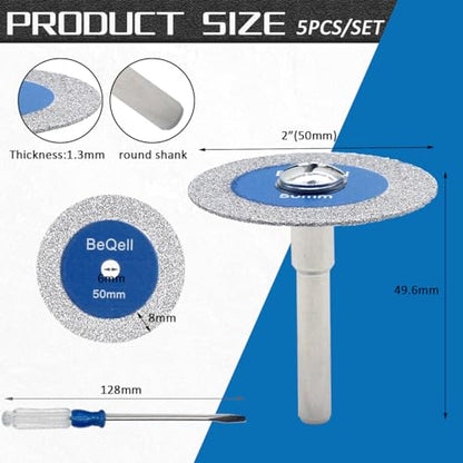 Diamond Mini Glass Saw Blade,BeQell 5pcs 2" Glass Cutting Disc Wheel Mini Carving Disc with Round Shank for Glass Jade Crystal Wine Bottle Ceramic Tile (50mm)