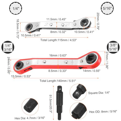 HARFINGTON 4pcs HVAC Service Wrench Set 1/4" 5/16" 3/16" 3/8" 25° 16-Teeth Air Conditioner Valve Reversible Ratchet Wrench with Hexagon Bit Adapter for Refrigeration Equipment Repair, 2 Color - color: Silver Red