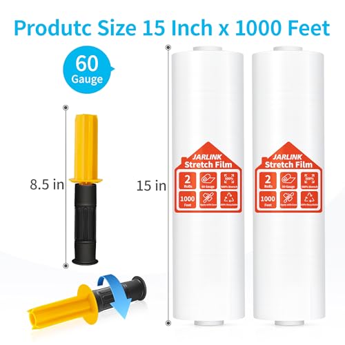 JARLINK Stretch Film, 15" x 1000' Shrink Pallet Wrap W/Handles, 60 Gauge - size: 2 Pack, style: Yellow Handles