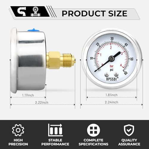 0-60 Psi Low Pressure Gauge, 2" Dial Size, 1/4 G Back Mount, Stainless Steel Case for Water Pressure Gauge Test for Water Pipe, HVAC(with Tape) - size: 0-60 psi, style: Back Mount