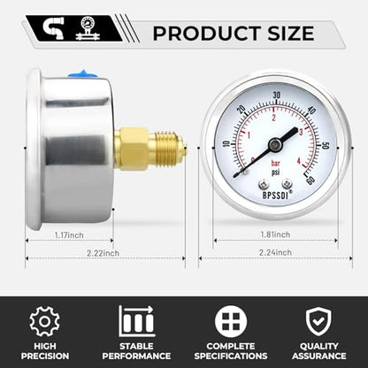 0-60 Psi Low Pressure Gauge, 2" Dial Size, 1/4 G Back Mount, Stainless Steel Case for Water Pressure Gauge Test for Water Pipe, HVAC(with Tape) - size: 0-60 psi, style: Back Mount